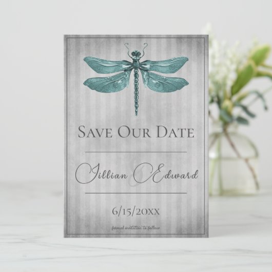 Aquamarine Jewelen-Libelle Save the Date Ankündigung (Stehend Vorderseite)
