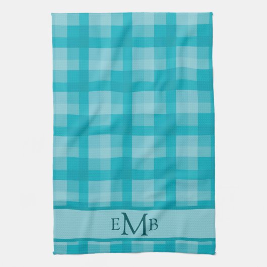 Aquamarine Karierte Monogramm-Initialen Geschirrtuch (Vertikal)