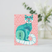 Aquamarine Katze im Folk Floral - rosa Postkarte (Stehend Vorderseite)