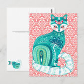 Aquamarine Katze im Folk Floral - rosa Postkarte (Vorne/Hinten)