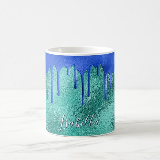 Aquamarine königsblaugrüne Tropfen Metallische Bez Kaffeetasse (Mittel)