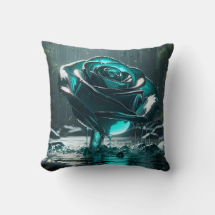 "Aquamarine KristallRose mit fallenden Regentropfe Kissen