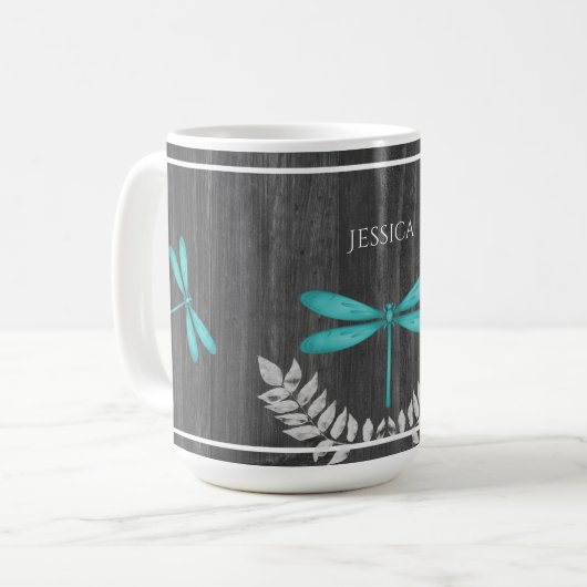 Aquamarine Libelle Rustikale Personalisierte Kaffe Kaffeetasse (Vorderseite Links)
