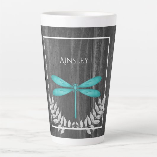 Aquamarine Libelle Rustikale Personalisierte Latte Milchtasse (Vorderseite)