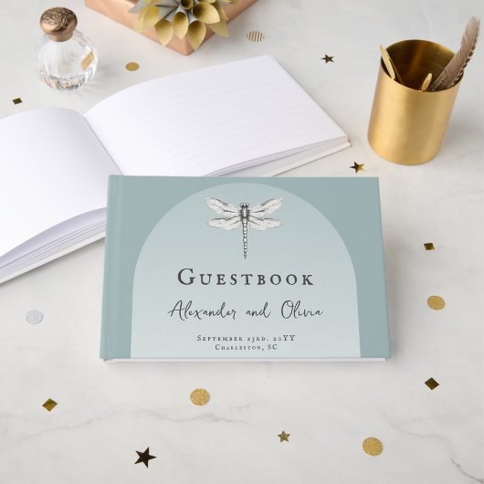 Aquamarine Libellenhochzeit Gästebuch (Vorderseite Offen)