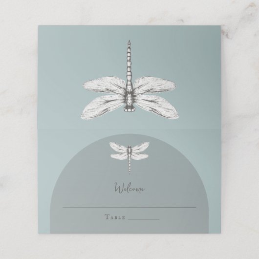 Aquamarine Libellenhochzeit Platzkarte (Außenseite Aufgefaltet)