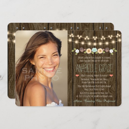 Aquamarine Lichterfolge Rustikal 16 . Geburtstag Einladung (Vorne/Hinten)