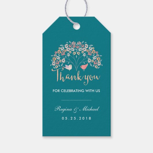 Aquamarine Liebesvögel Blumenschrift Danke, Gesche Geschenkanhänger (Vorderseite)