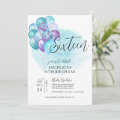 Aquamarine Lila Ballons 16. Geburtstagseinladung Einladung (Stehend Vorderseite)