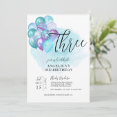 Aquamarine Lila Ballons 3. Geburtstagseinladung Einladung (Stehend Vorderseite)