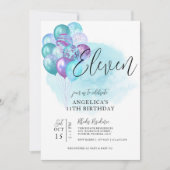 Aquamarine Lila Balloons 11. Geburtstagseinladung Einladung (Vorderseite)