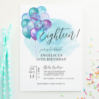 Aquamarine Lila Balloons 18. Geburtstagseinladung Einladung
