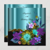 Aquamarine Lila Blumenschwarz-Gold-Geburtstagspart Einladung (Vorne/Hinten)