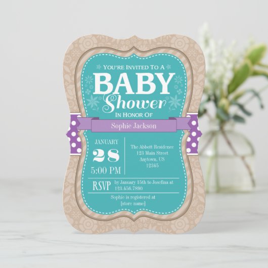 Aquamarine Lila Blütendusche Blume Einladung (Stehend Vorderseite)