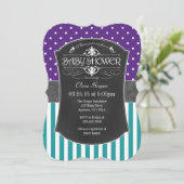 Aquamarine Lila Chalkboard Streifen Babydusche ein Einladung (Stehend Vorderseite)