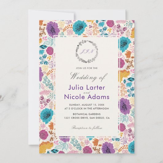 Aquamarine Lila Gelbfrühlingssonne Blume Hochzeit Einladung (Vorderseite)