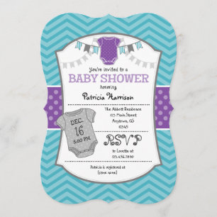 Aquamarine Lila Graue Zickzack Babydusche Einladun Einladung