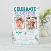 Aquamarine Lila Joint oder Twins Winter Thema Gebu Einladung (Stehend Vorderseite)