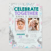 Aquamarine Lila Joint oder Twins Winter Thema Gebu Einladung (Vorne/Hinten)