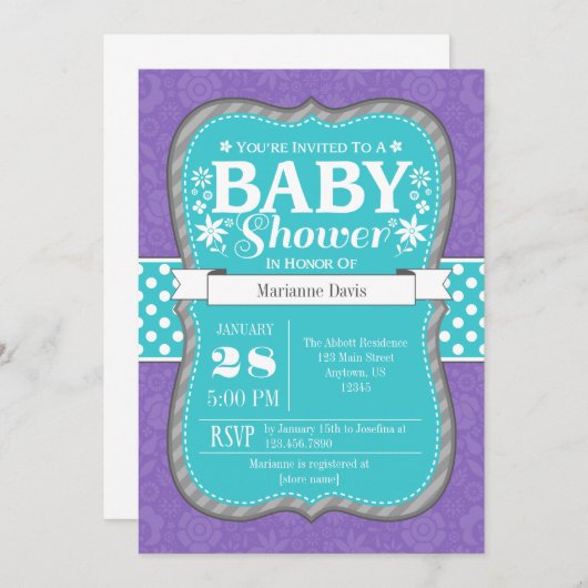 Aquamarine Lila Lavendel Blume Kinderdusche Einlad Einladung (Vorne/Hinten)