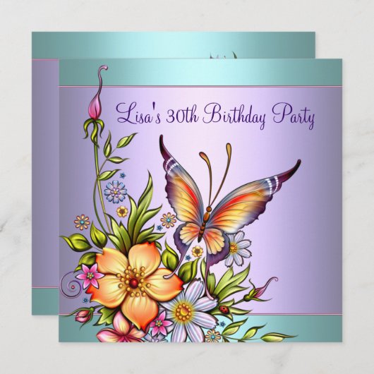 Aquamarine Lila Schmetterlingsfrauen 30. Geburtsta Einladung (Vorne/Hinten)