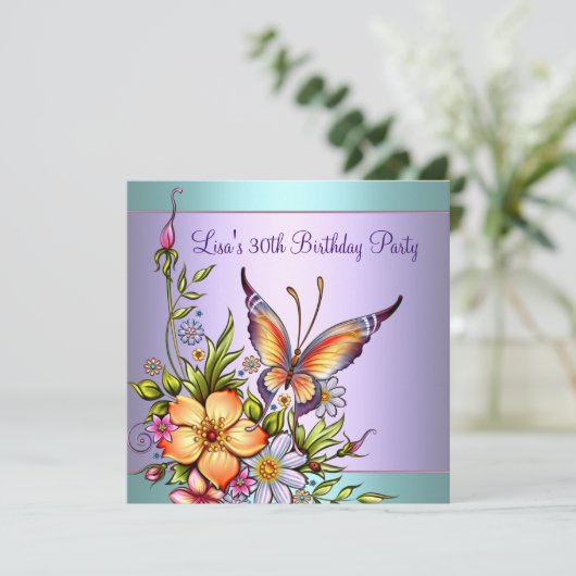 Aquamarine Lila Schmetterlingsfrauen 30. Geburtsta Einladung (Stehend Vorderseite)