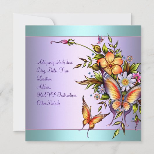 Aquamarine Lila Schmetterlingsfrauen 30. Geburtsta Einladung (Rückseite)
