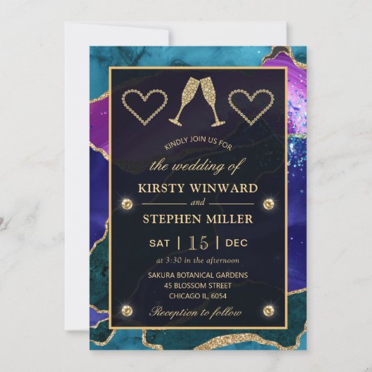 Aquamarine, Lila und Gold Glitzer Peacock Agate We Einladung (Vorderseite)