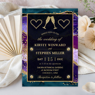 Aquamarine, Lila und Gold Peacock Agate Wedding Einladung