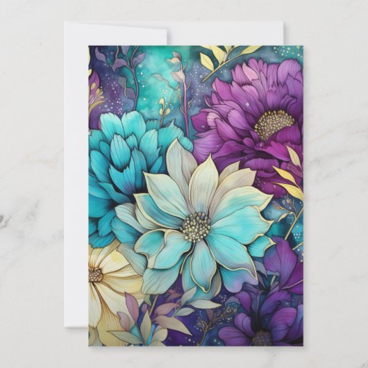 Aquamarine, Lila und goldene Blumenhochzeit Einladung (Rückseite)