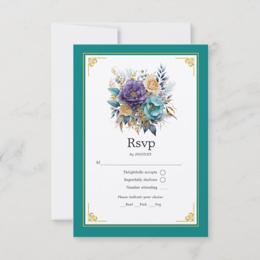Aquamarine, Lila und goldene Blumenhochzeit RSVP Karte (Vorderseite)