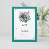 Aquamarine, Lila und goldene Blumenhochzeit RSVP Karte (Stehend Vorderseite)