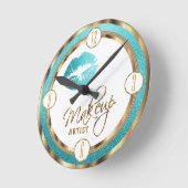 Aquamarine Lippen mit Gold und Weiß Runde Wanduhr (Winkel)
