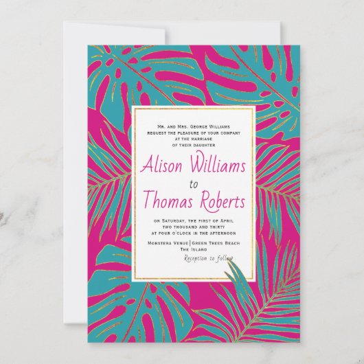 Aquamarine magenta tropische Monstera Palmen Blätt Einladung (Vorderseite)