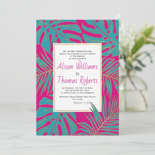 Aquamarine magenta tropische Monstera Palmen Blätt Einladung (Stehend Vorderseite)