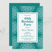 Aquamarine Mandala Blume 40. Geburtstag Einladung (Vorne/Hinten)