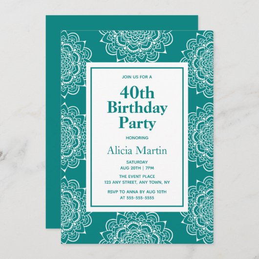 Aquamarine Mandala Blume 40. Geburtstag Einladung (Vorne/Hinten)