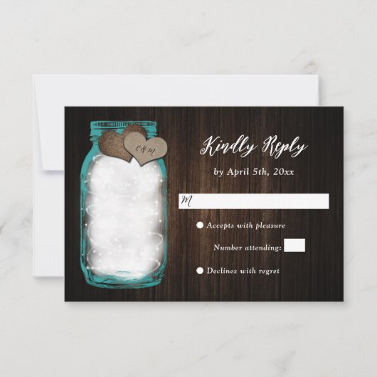 Aquamarine Mason Jar Barn Wood Lights Wedding RSVP Karte (Vorderseite)