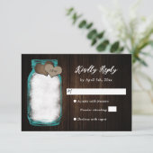 Aquamarine Mason Jar Barn Wood Lights Wedding RSVP Karte (Stehend Vorderseite)