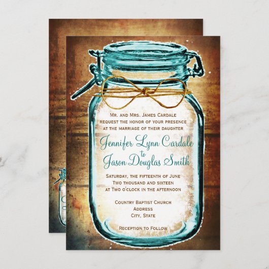 Aquamarine Mason Jar Holz Rustikale Hochzeitseinla Einladung (Vorne/Hinten)