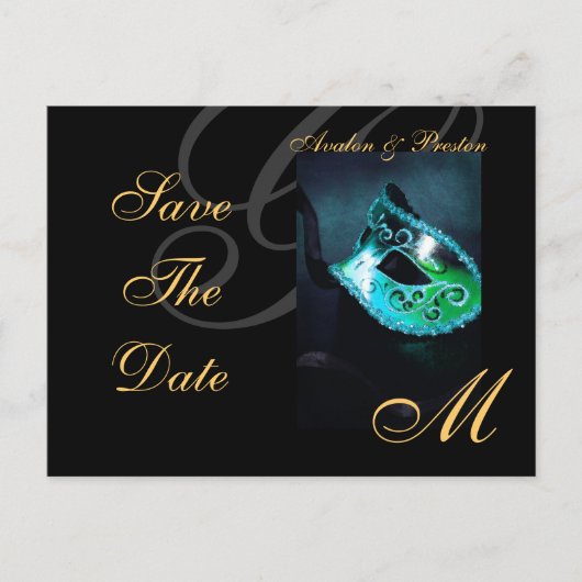 Aquamarine Masquerade Maske Save the Date Postkart Ankündigungspostkarte (Vorderseite)