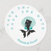 Aquamarine Mermaids Couple on zu Seashell Design Save The Date (Vorne/Hinten)