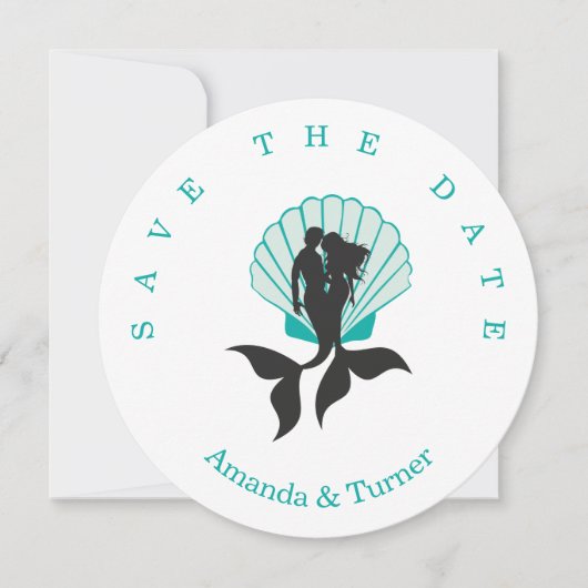 Aquamarine Mermaids Couple on zu Seashell Design Save The Date (Vorderseite)