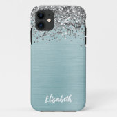 Aquamarine Metallic Silver Glitzer Girly Monogram Case-Mate iPhone Hülle (Rückseite)