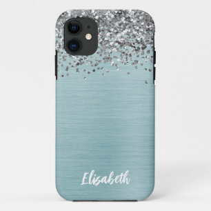 Aquamarine Metallic Silver Glitzer Girly Monogram  Case-Mate iPhone Hülle