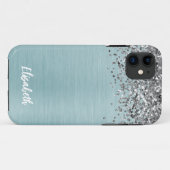 Aquamarine Metallic Silver Glitzer Girly Monogram Case-Mate iPhone Hülle (Rückseite (Horizontal))