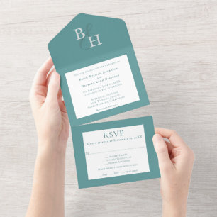 Aquamarine Minimalistische Monogramm-Hochzeit All In One Einladung