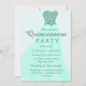Aquamarine Minze Sparkling Glitzer Gown Quinceaner Einladung (Vorderseite)