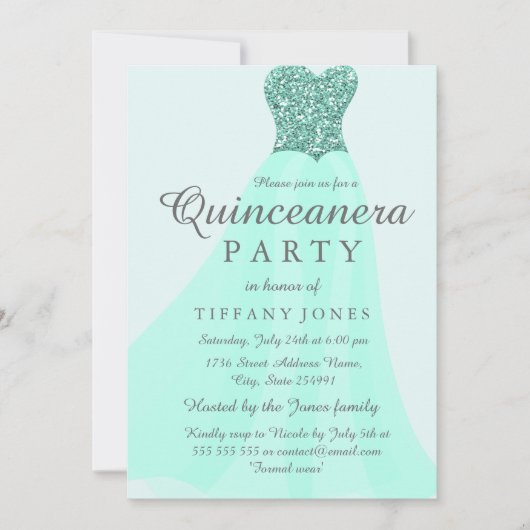 Aquamarine Minze Sparkling Glitzer Gown Quinceaner Einladung (Vorderseite)