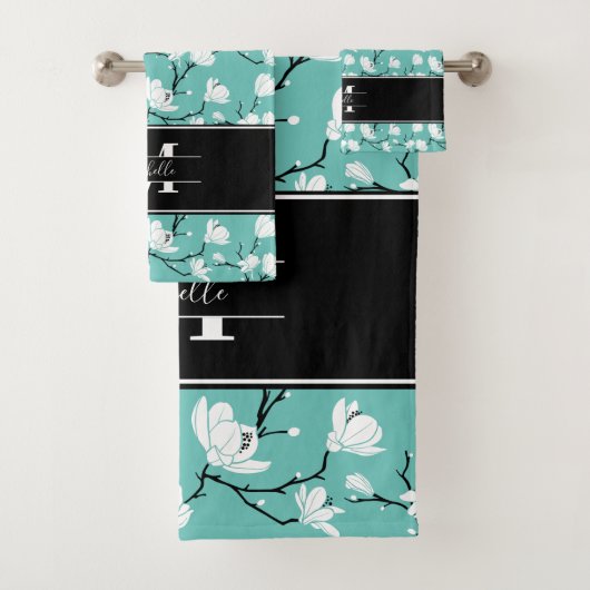 Aquamarine Mit Monogramm Blume Schwarz/Weiß Magnol Badhandtuch Set (Insitu)